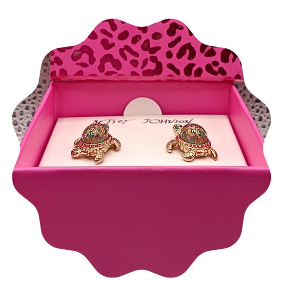 Betsey Johnson Stud Gold Tone Turtle Earrings w/Raised Green shell,  & pink - Picture 5 of 12